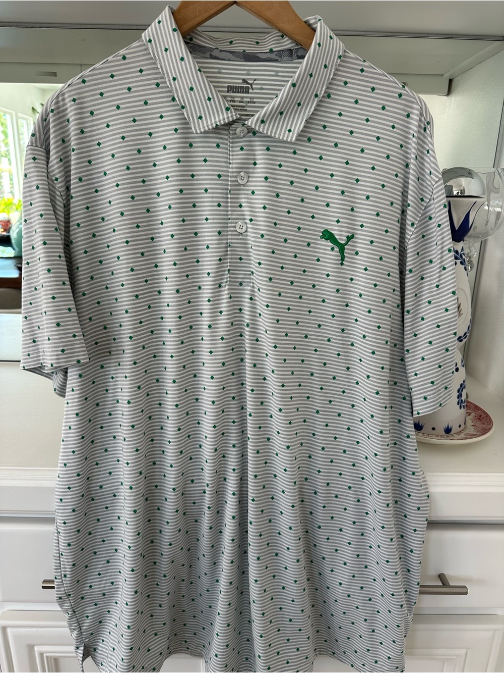 Puma White Polo with Green Dot Pattern